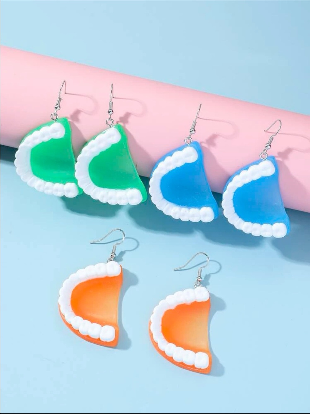 🦷 Awesome Oversized Teeth Denture Style Drop Earrings Blue Orange Or Green 🦷